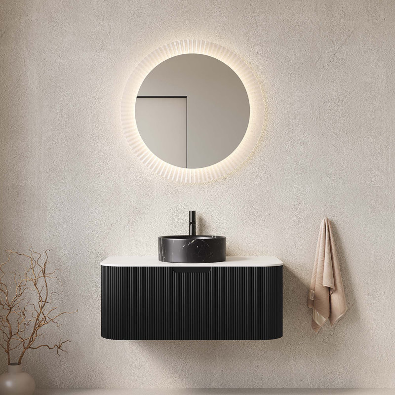 Meuble-lavabo de 36 po avec lavabo, lavabo à bords arrondis avec tiroir, lavabo rond en céramique et plateau en pierre frittée, pré-assemblé