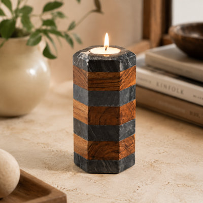 Porte-bougie rayé en marbre noir moderne et bois d'acacia