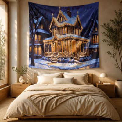 Tapisserie murale de Noël lumières scintillantes sur l'extérieur d'une maison