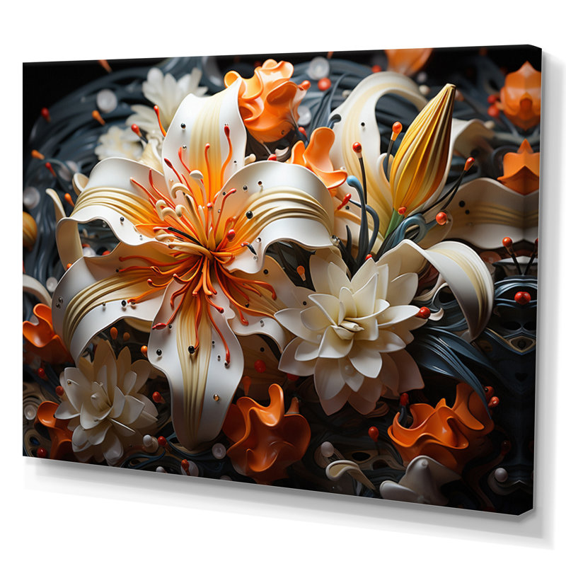 " Peach White Lilies Vibrant ", 34" H x 44" W x 1.5" D, Wrapped Canvas
