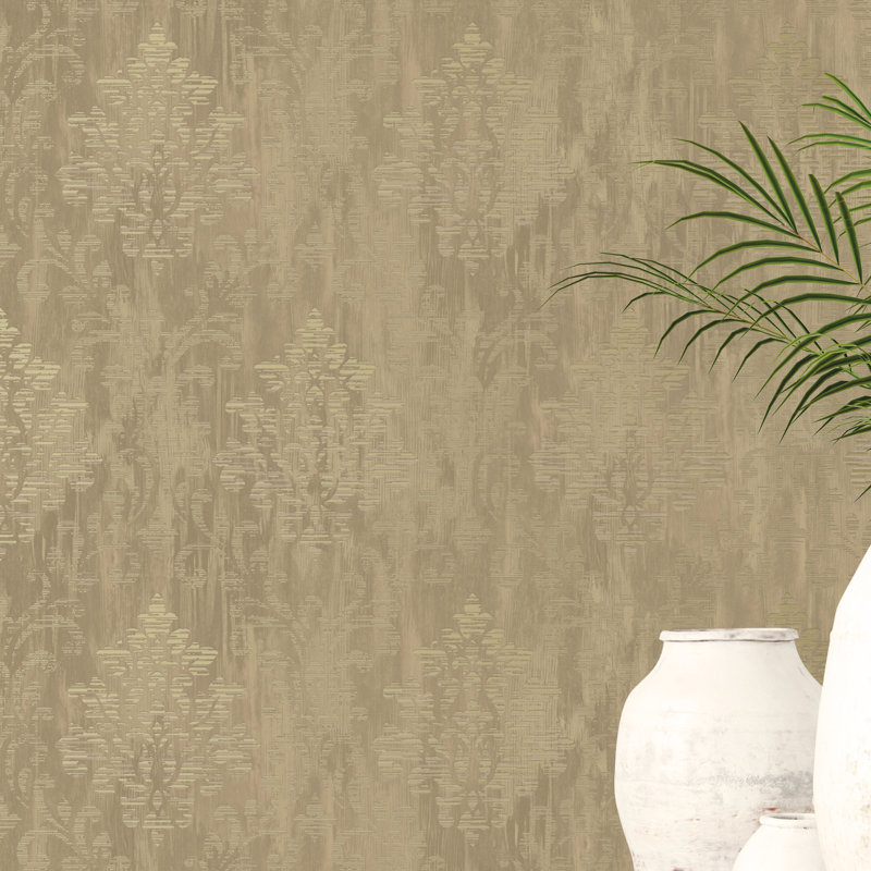 Metallic FX Modern Metallic Damask 33' L x 21" W Wallpaper Roll, Dark Gold