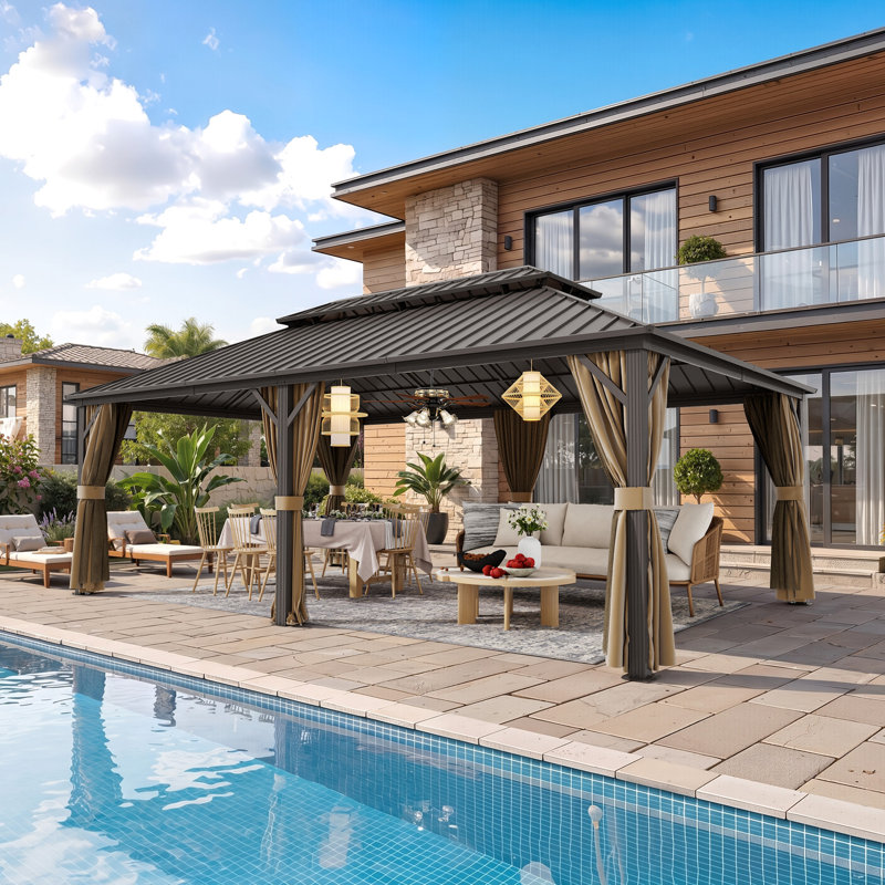 Pavillon de jardin en aluminium 14 po x 22 pi avec toit en acier galvanisé, rideaux et moustiquaire pour patio, jardin et cour arrière
