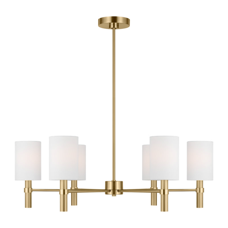 Satin Brass 6-Light Chandelier with White Linen Shades