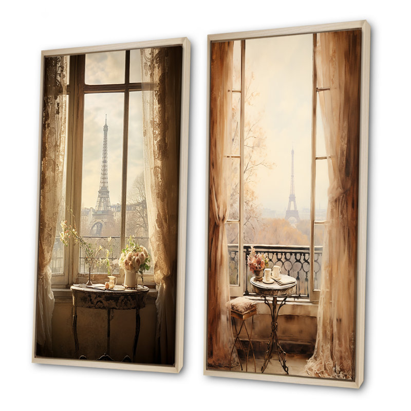 «Rustic Eiffel Tower Paris Window View I - Paris», ensemble de 2 reproductions d'art mural, Cadre flottant brun
