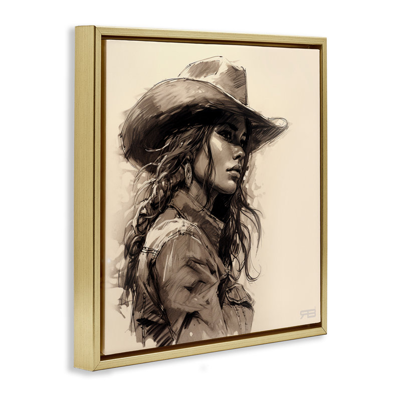 «Stoic Cowgirl Look Away Floater», art mural sur toile par RB, Cadre flottant métallique doré, H 18 po x l 18 po