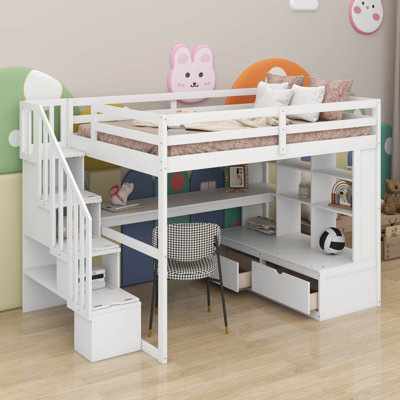 Lit mezzanine double avec bureau, tablettes et tiroirs