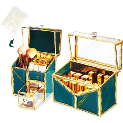 Cosmetics Storage ,2 Pieces Makeup Brush And Lipsticks Box Set Organizer Desktop Storage Box Vintage Luxury Emerald Green Tempered Glass Series Storag -  Everly Quinn, 830C300E9E9343618BCAB0DE4F05380D