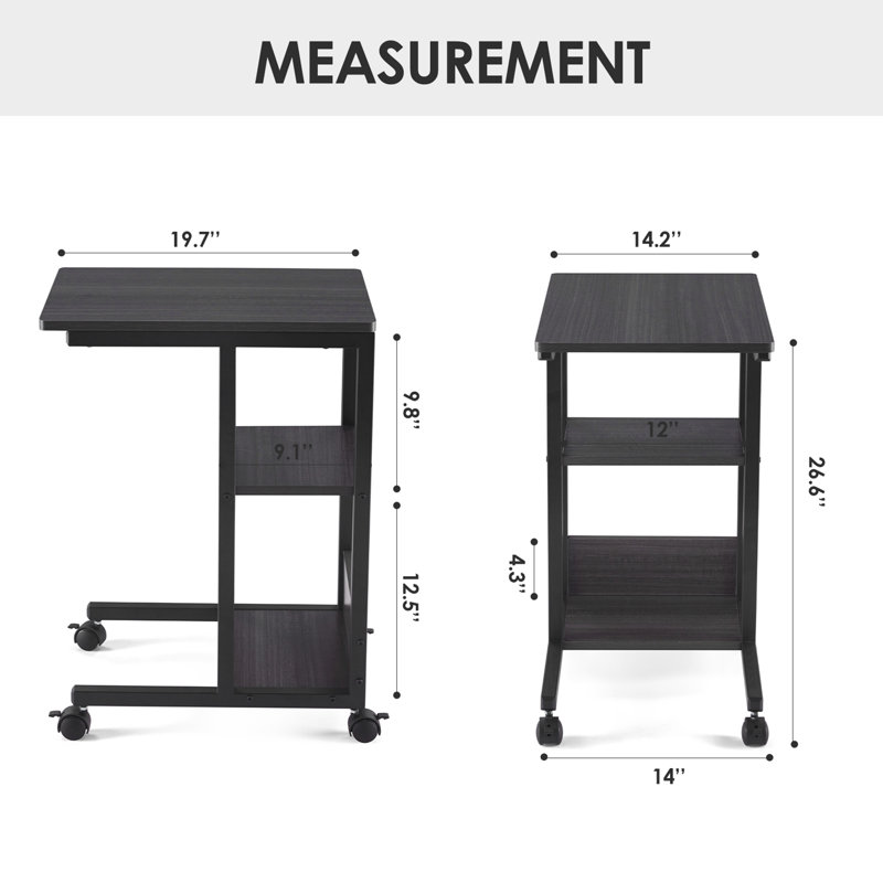 Shaped End Table with Lockable Wheels, Two-Tier Storage, Rolling Side Table for Sofa or Bedroom, Black
