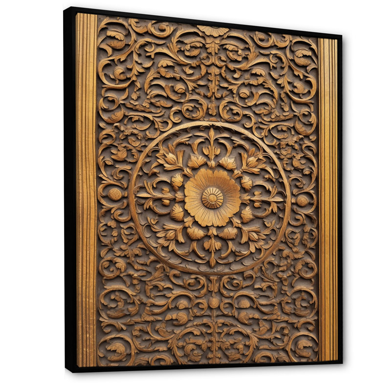 Vieille porte en bois sculpté douzième sur toile, H 40 po x l 30 po x P 1,5 po, Cadre flottant noir