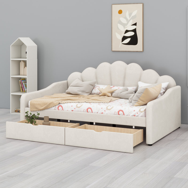 2 Drawer Upholstered Daybed Frame Shell Shaped Backrest Design, Beige