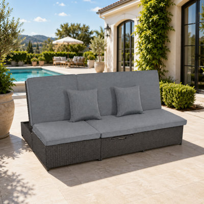 2-Seat Outdoor Wicker Daybed With Adjustable Reclining Backs, Cushions, Pillows, And Side Trays