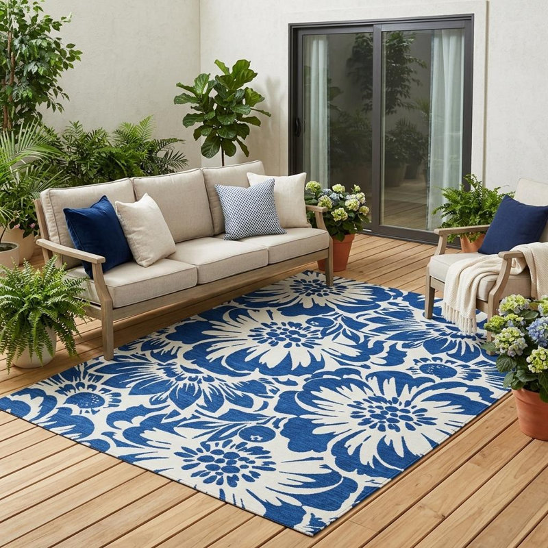 Tapis extérieur lavable antidérapant floral bleu marine et ivoire 5 pi x 8 pi