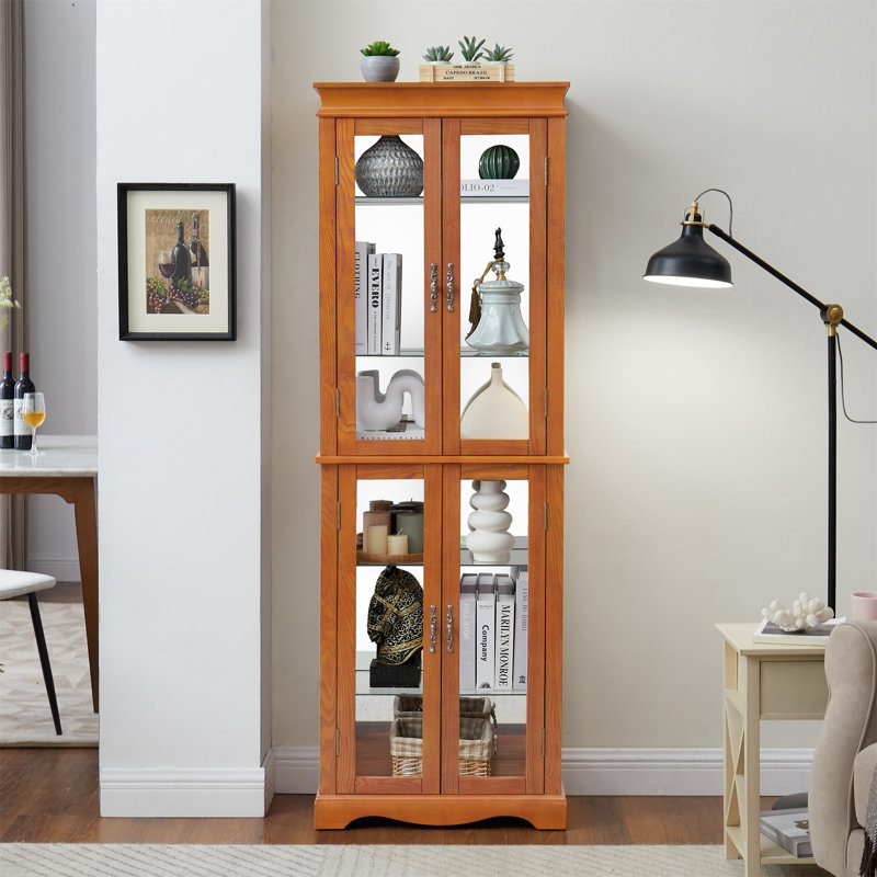 Lighted Glass Curio Display Cabinet, Oak