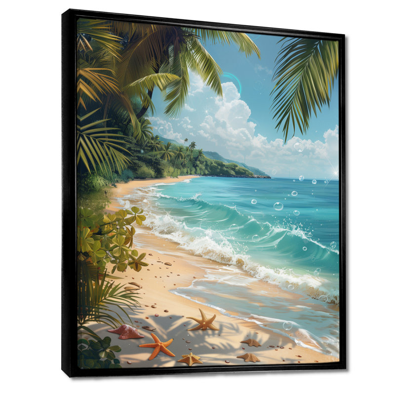 Étoile de mer sur une plage tropicale II - art mural plage, H 32 po x l 24 po x P 1 po, Toile avec cadre flottant noir