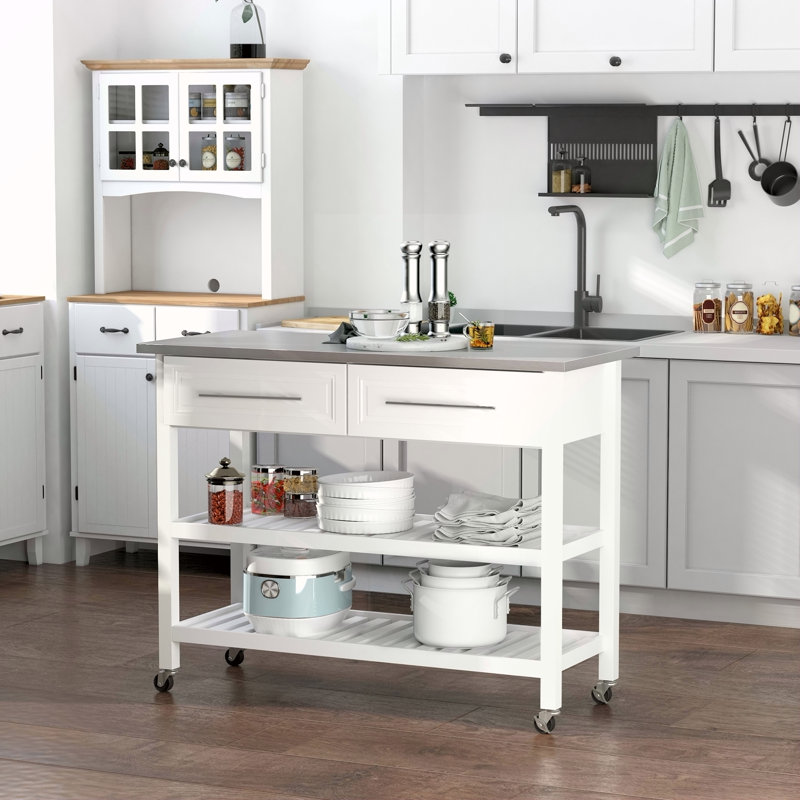 Îlot de cuisine avec plateau en acier inoxydable, tablettes ouvertes et tiroirs