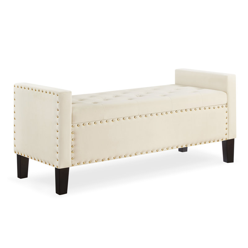 Repose-pieds rembourré avec accoudoirs, banc de lit Sabriyah, Velours beige
