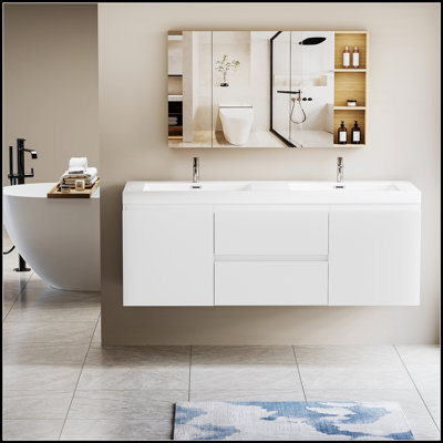 Meuble-lavabo mural moderne de 60 pouces avec lavabos doubles en résine et tiroirs à fermeture en douceur, gris cendré