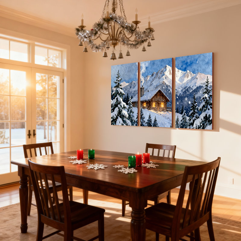 Ensemble de 3 impressions sur toile de Noël, cabane enneigée et pin des montagnes enneigées, H 30 po x l 60 po