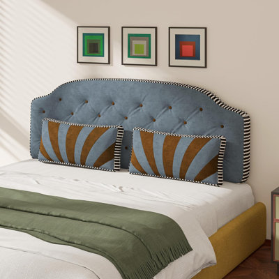 WOWMAX Tufted Upholstered Headboard Queen Size with 2 Throw Pillows, Upholstered Velvet Bed Headboard for Bedroom,Blue Compression