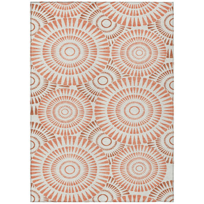 3' X 5' Coral And Ivory Geometric Washable Indoor Outdoor Area Rug