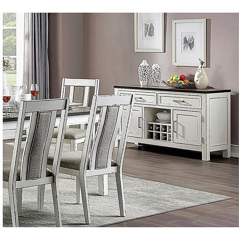 Ensemble de 2 chaises d'appoint classiques blanc vieilli / gris chaud, garniture de dossier unique, sièges en bois massif, sièges en tissu, mobilier de cuisine