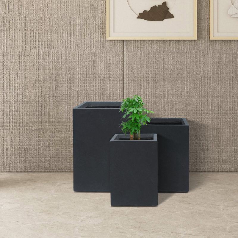 Charcoal Finish Concrete Tall Square Planter Set, 19", 16" and 13"H