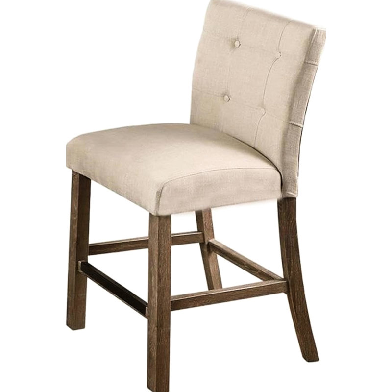Deux chaises de comptoir rectangulaires avec dossier, pieds en bois gris et siège en mélange de beige