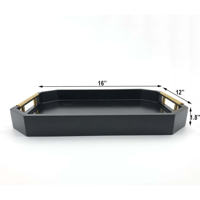 Serving Tray With Polished Metal Handles, Hexagon Coffee Table Tray, Modern Rectangle Decorative Tray, Large Ottoman Tray, Perfect For Storage And Display (Black Rectangle)
