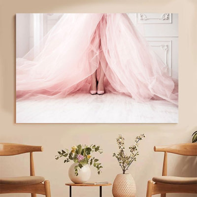 1Pc Framed Canvas Poster Print Pink Tulle Gown and Matching Shoes in an Elegant White Room Wall Art Decor, Perfect for Room Decor Living Room Bedroom Office Kitchen Bathroom Home Decor, Ideal Home Wall Decoration Gift