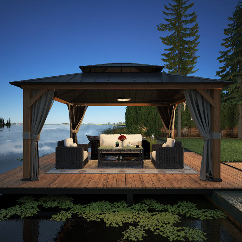 13' x 15' Permanent Solid Wood Patio Gazebo with Netting and Curtains, Outdoor Rustic Hardtop Gazebo 