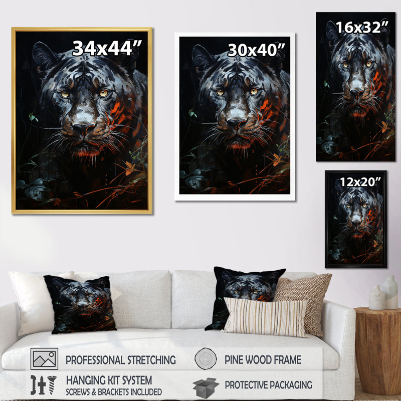 Tranquillité de panthère au clair de lune, H 40 po x l 30 po x P 1,5 po, Cadre simple noir