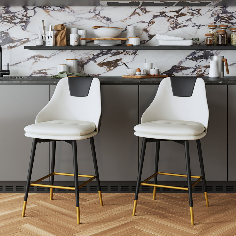 Full Back Upholstered Counter Stool With Metal Frame, White/Black