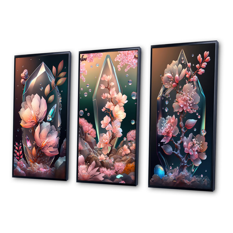 «Cherry Blossums», 3 pièces sur toile, Noir, H 40 po x l 60 po