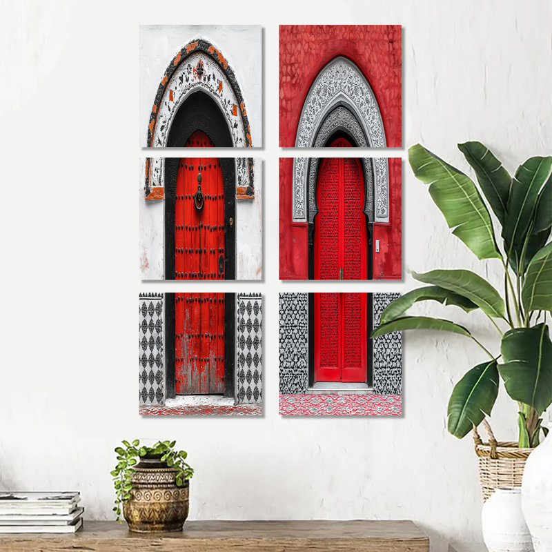 Porte marocaine dans des tons rouges et noirs - Ensemble de 6 reproductions d'art sur toile marocaine, Toile tendue