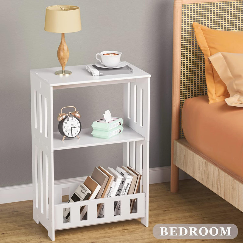 3 Tier Side Table Night Stand, Narrow End Table With Display Shelf, Small Bookcase Bookshelf, Simple Bedside Table Storage Rack For Bedroom, Living Room, Office, Bathroom, White
