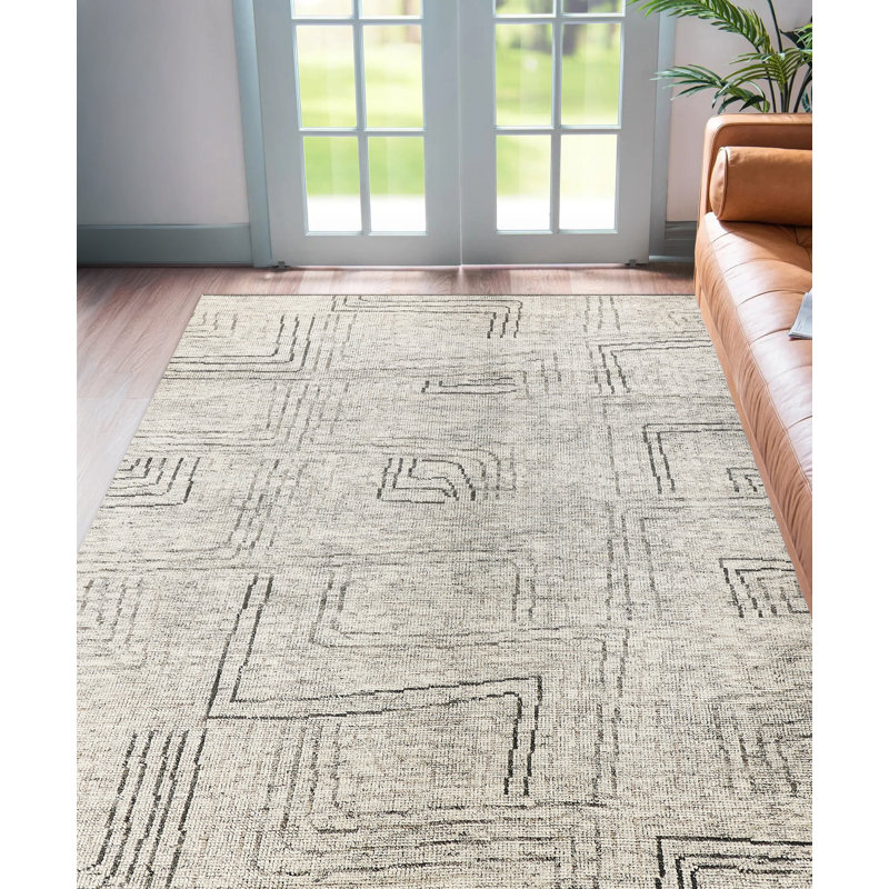 Aldridge Geometric Hand-Knotted Wool Area Rug in Ivory/Gray, Rectangle 10' x 14'
