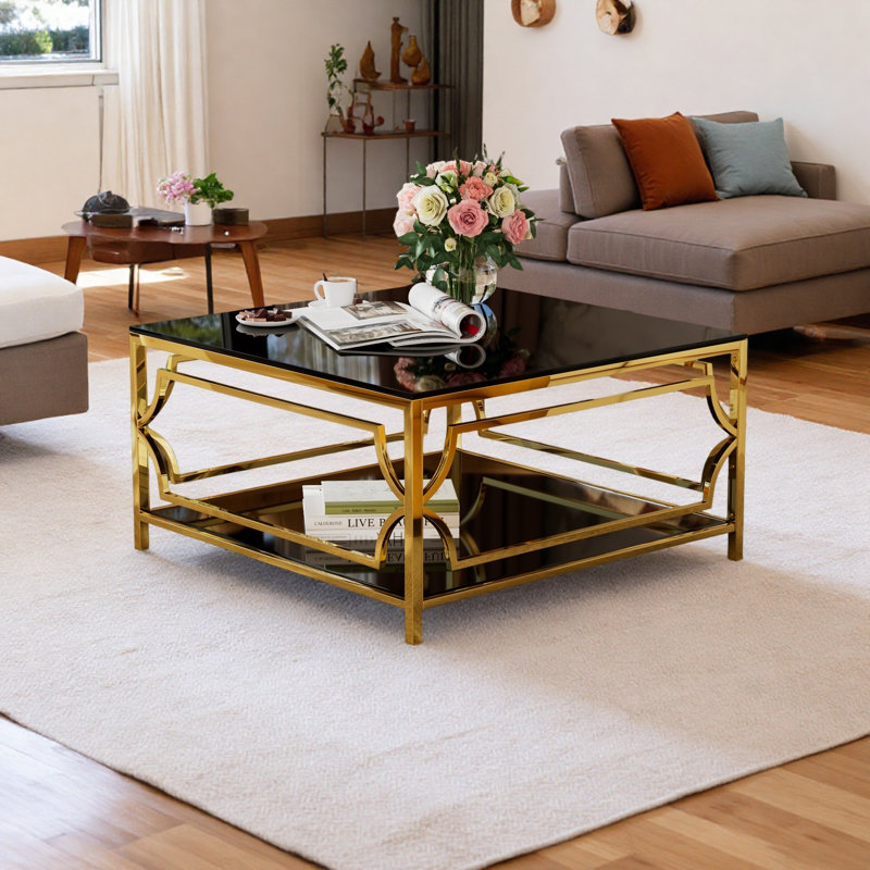 Table basse moderne carrée avec rangement inférieur, Black/Gold