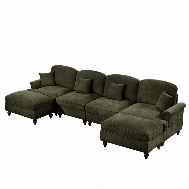 Classic U Shape 4 Seater Modular Sectional Sofa Couch, Green Chenille