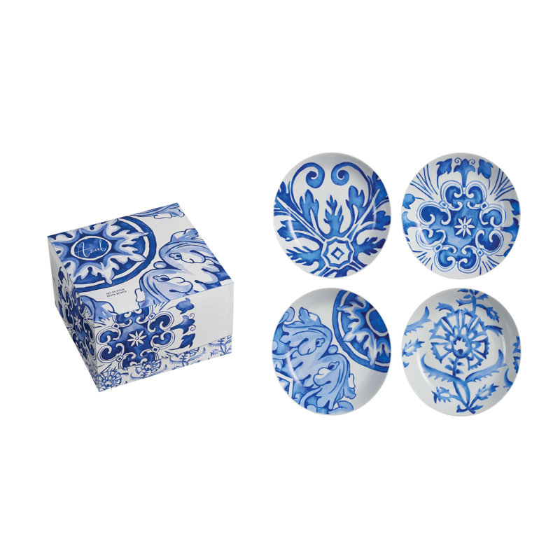 Mediterranean Blue and White Ceramic Pasta Bowls, Set of 4