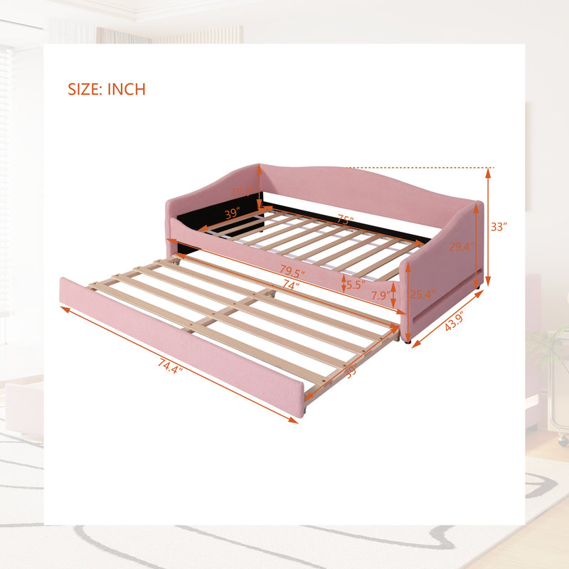 Twin Size Teddy Fleece Daybed With Trundle And Smart LED Lights - Upholstered Sofa Bed - Beige, Twin, Pink