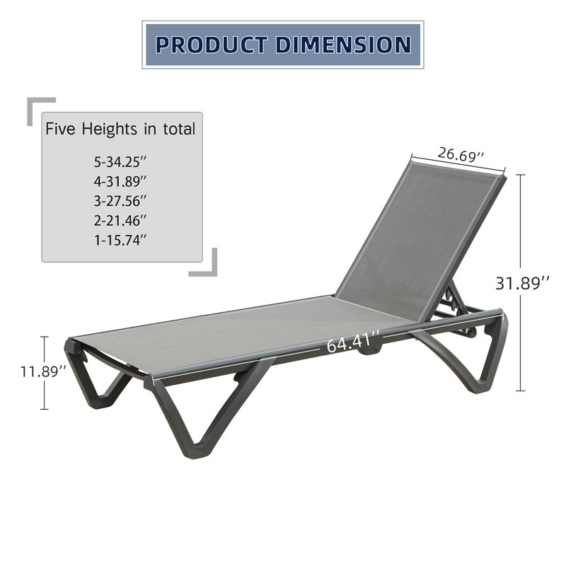 Patio Chaise Lounge Outdoor Aluminum Polypropylene Chair With Adjustable Backrest, Poolside Sunbathing Chair For Beach,Yard,Balcony (2 Lounge Chairs)