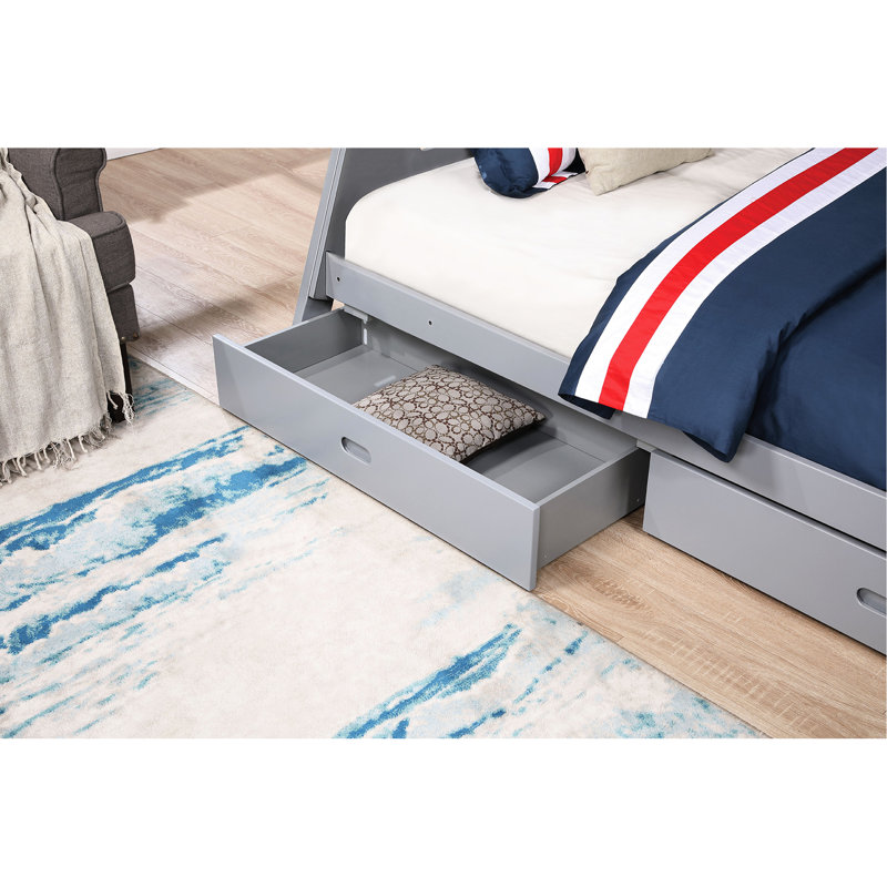 Lit superposé simple au-dessus d'un lit double transitionnel en bois massif gris, réversible, 2 tiroirs sous le lit, articulation et verrouillage, conception à lattes pour un sommeil confortable et paisible