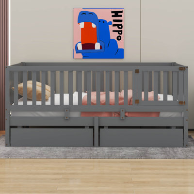 Joshuia Wood Daybed With Fence Guardrails And 2 Drawers, Split Into Independent Floor Bed & Daybed