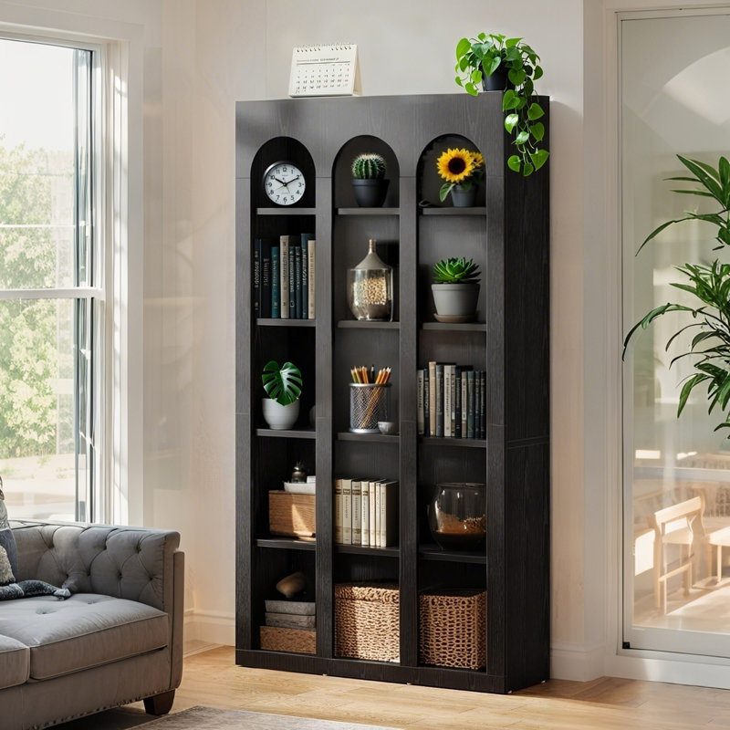 70.9"H X39.4" W - Wood Bookcases, 5-Tier Rustic Bookshelf Display Storage Shelving Unit, Black