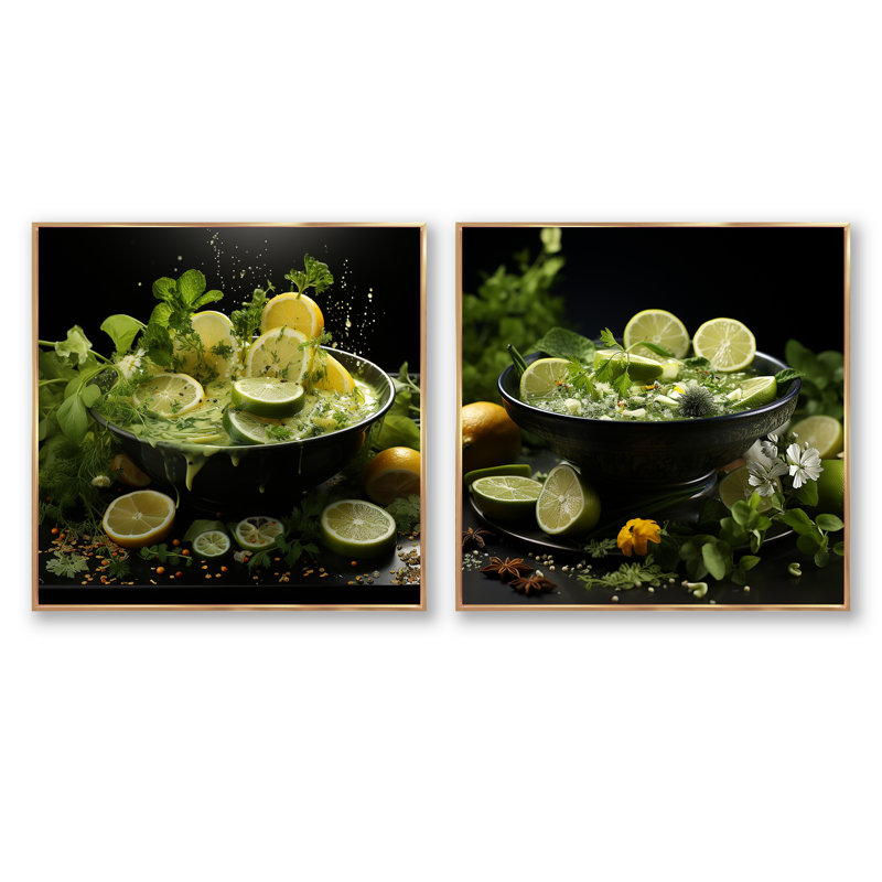 «Citrus Soup Symphony Greens», 2 pièces, Encadrement doré, H 30 po x l 61 po