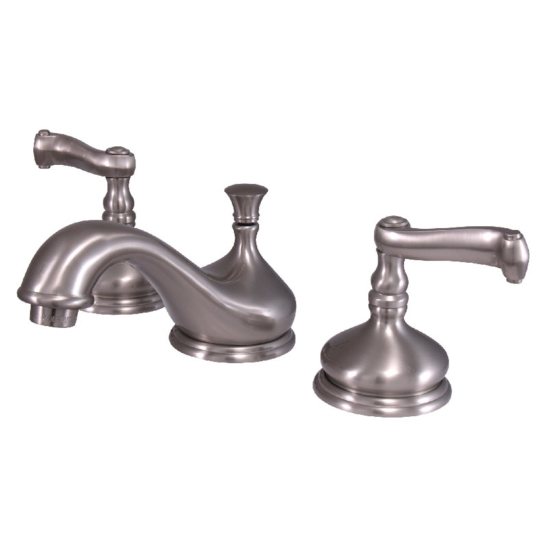 Kingston Brass Two-Handle 3-Hole Deck Mount Widespread Bathroom Faucet with Brass Pop-Up Drain, Brushed Nickel