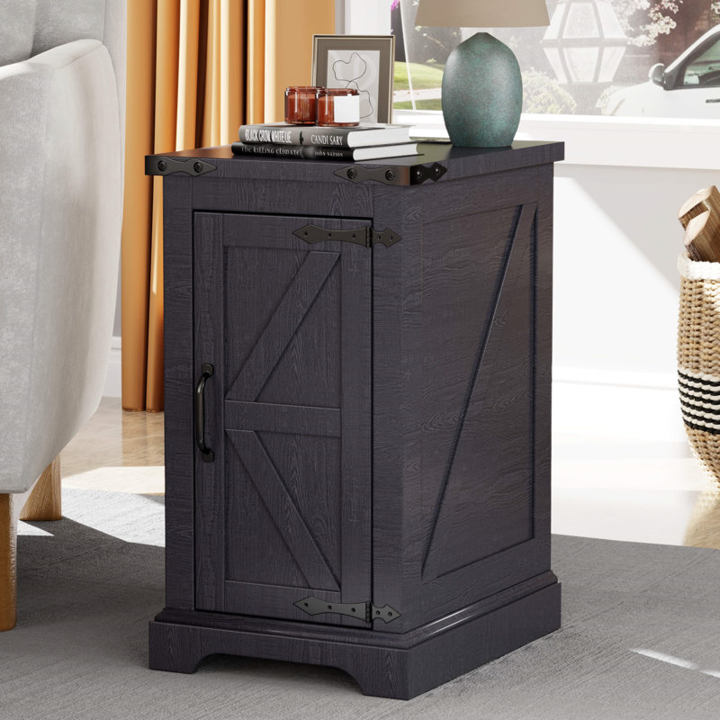 Farmhouse End Table With Charging Station (2 USB Ports, 2 Power Outlets), Wood Nightstand With Adjustable Shelf And Built-In Outlets