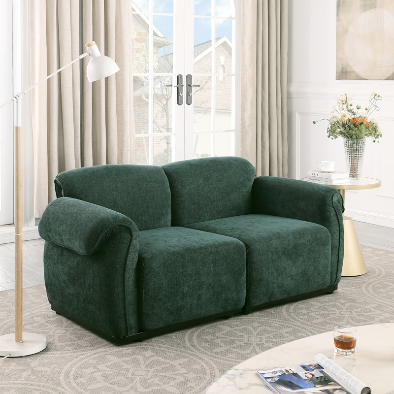 Canapé d'angle 2 places en chenille de 174 cm de long, structure en fer, pour salon et chambre, style minimaliste moderne, assise mi-ferme, dossier divisé, accoudoirs carrés, profondeur idéale, style contemporain, moelleux, accoudoirs, dossier