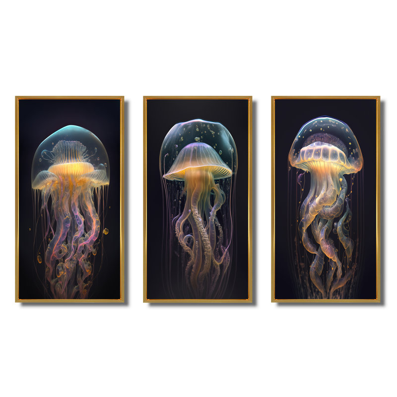 «Jellyfish», 3 pièces sur toile, Cadre flottant doré, H 32 po x l 48 po