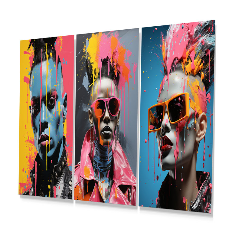 «Bold Balance On Woman Mohawk Fashion Expression I», art pop art mural en métal, ensemble de 3, H 28 po x l 36 po